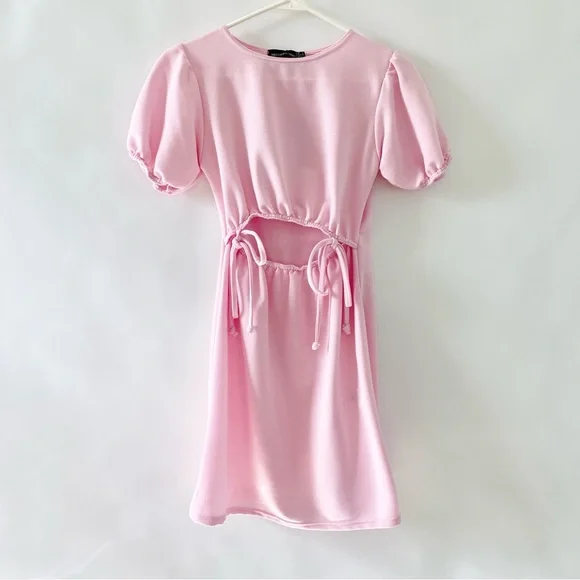 NWT PrettyLittleThing Baby Pink Puff Sleeve Cut Out Tie Sweatshirt Mini Dress 0 - Picture 2 of 12